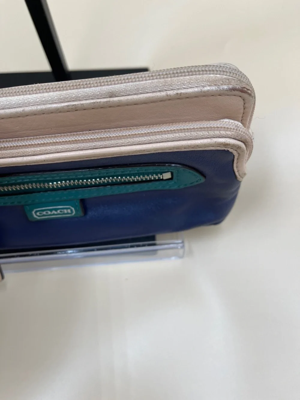 Coach Daisy Navy Teal and Beige Colorful Leather Zip Wristlet Wallet